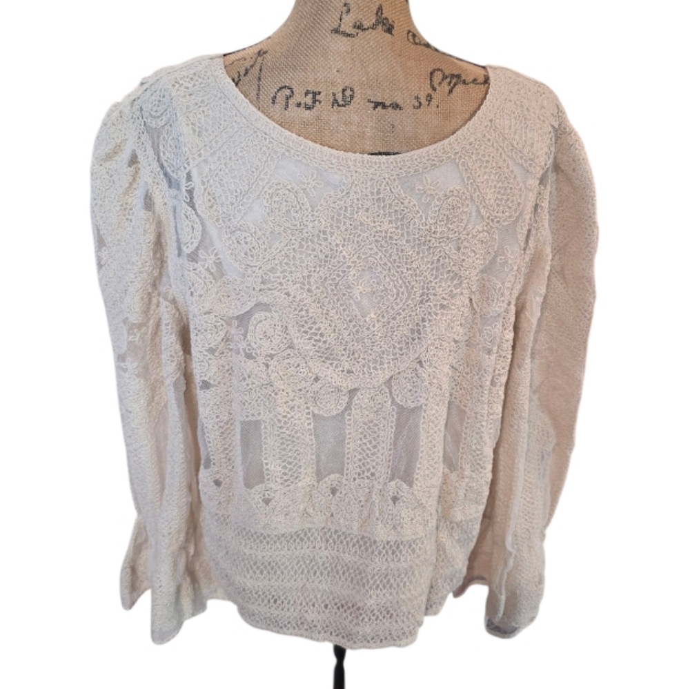 Ultra Pink Cream Lace Embroidered Lantern Long Sleeve Scoop Neck Top Size XL NEW - Picture 6 of 12